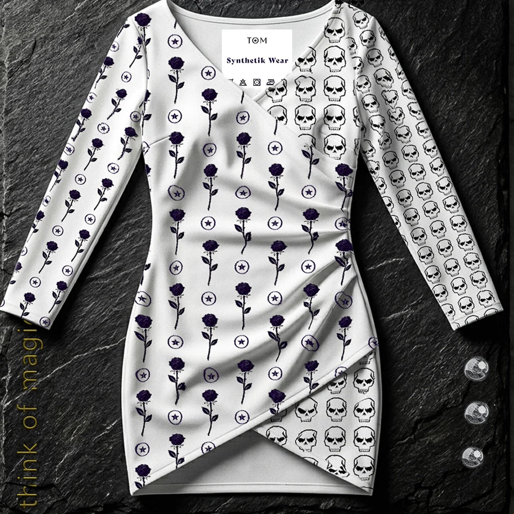 Damen V-Neck Dress "Rose Skulls" - Weiß