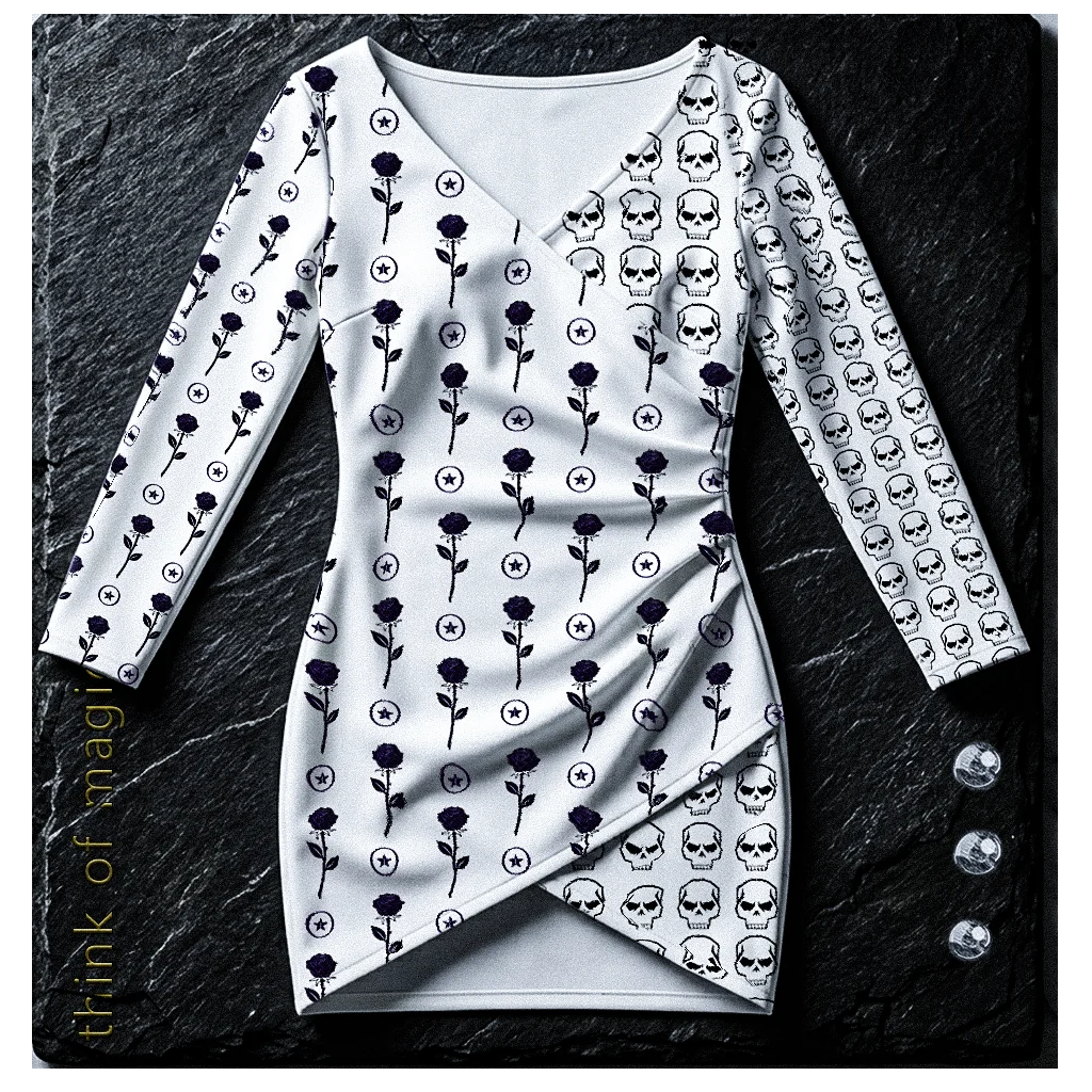 Tom Damen V-Neck Dress "Rose Skulls" - weiß